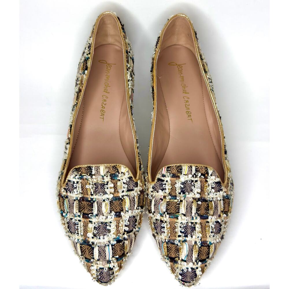 Jean-Michel Cazabat Vanity Gold Bouclé Tweed Leather Pointed Flats